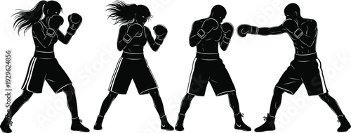 Boxing athletes silhouette set, male and female boxers fighting stance vector isolated white background sport illustration collection design