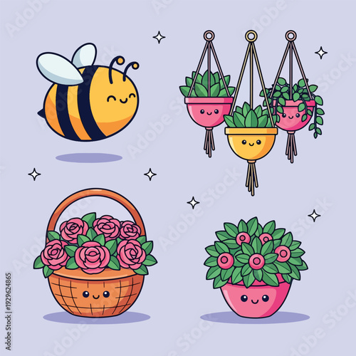 Cute Cartoon Bee and Potted Plants Illustration.