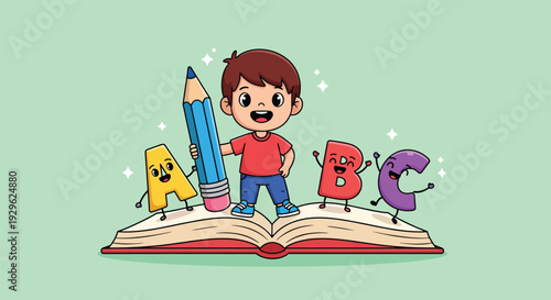 Cute Cartoon Boy Holding Giant Pencil on Open Book with ABC Letters.