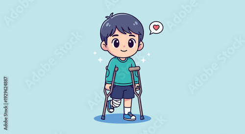 Cute cartoon boy with crutches and prosthetic leg.