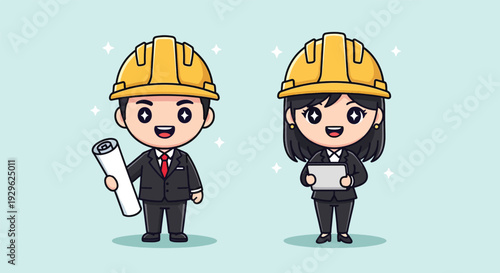 Cute Cartoon Engineers Holding Blueprints and Plans.