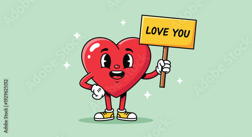 Cute Cartoon Heart Character Holding a Love You Sign.