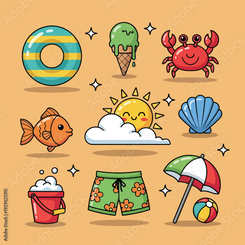 Cute Cartoon Summer Beach Vacation Elements Collection.