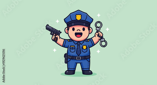 Cute Cartoon Police Officer Holding Handcuffs and Gun.