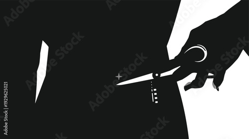 fashion tailor hand scissors cutting fabric silhouette black white vector sewing craft handmade couture sustainable clothing design artisan workshop stitch