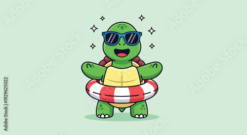 Cute Cartoon Turtle Wearing Sunglasses and Swimming Ring.