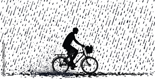 man riding bicycle in heavy rain urban commute lifestyle resilience weather transportation silhouette illustration daily life concept