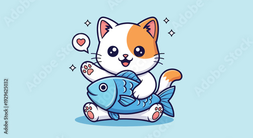 Cute Cat Holding a Fish Cartoon Illustration.