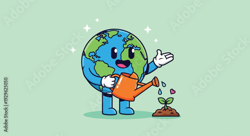 Cute Earth character watering a small plant sprout.