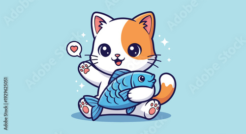 Cute Cat Holding a Fish Illustration.