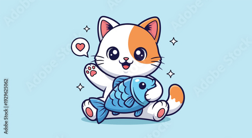 Cute Cat Holding a Fish Vector Illustration.