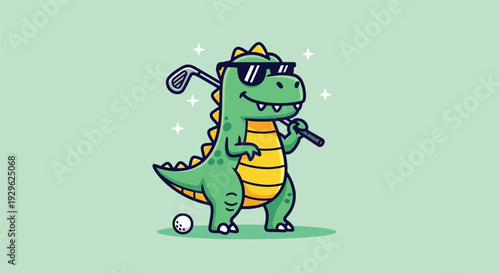 Cute Dinosaur Playing Golf Wearing Sunglasses.