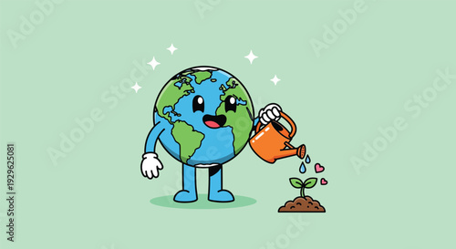 Cute Earth character watering a small plant symbolizing environmental care and growth.