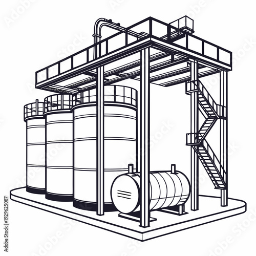 Black and white of a chemical refinery site with tanks and catwalk