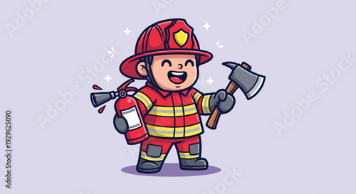 Cute Firefighter Cartoon Character with Fire Extinguisher and Axe.
