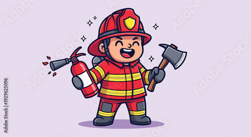 Cute Happy Firefighter Holding Fire Extinguisher and Axe Cartoon Vector Icon Illustration.