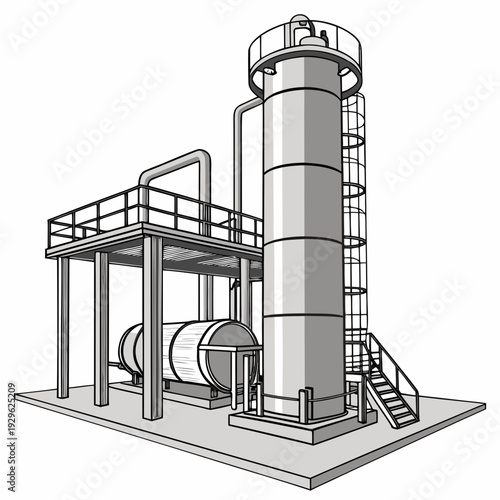 Oil refinery equipment with cylindrical tower and platform