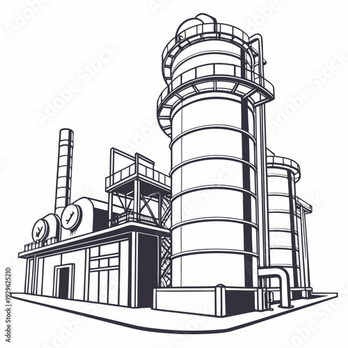 Black and white of industrial refinery with cylindrical tanks and smokestack