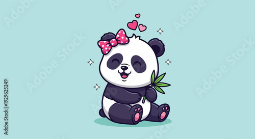 Cute Panda Bear with Pink Bow and Bamboo.