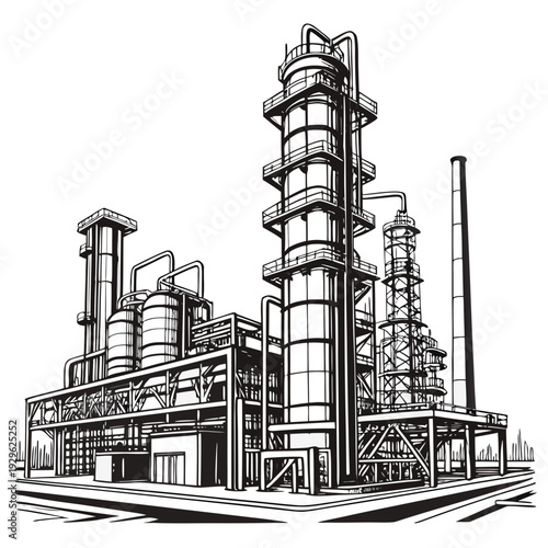Industrial complex with smokestack and cylindrical tanks