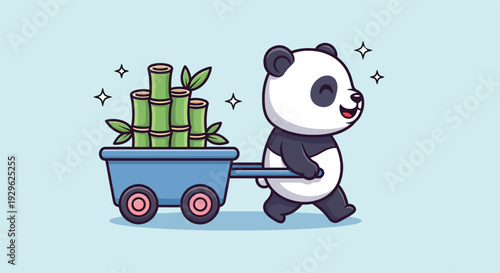 Cute Panda Pulling a Cart Full of Bamboo Vector Illustration.