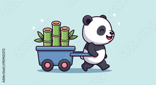 Cute Panda Pulling Cart Full of Bamboo.
