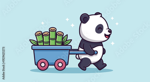 Cute Panda Pulling a Cart Full of Bamboo Illustration.