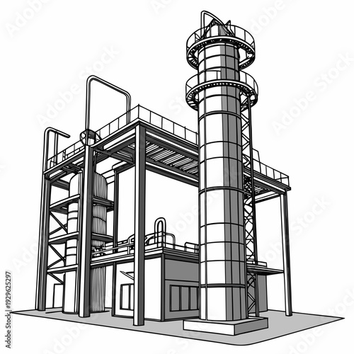 Industrial oil distillation tower with catwalk and platform