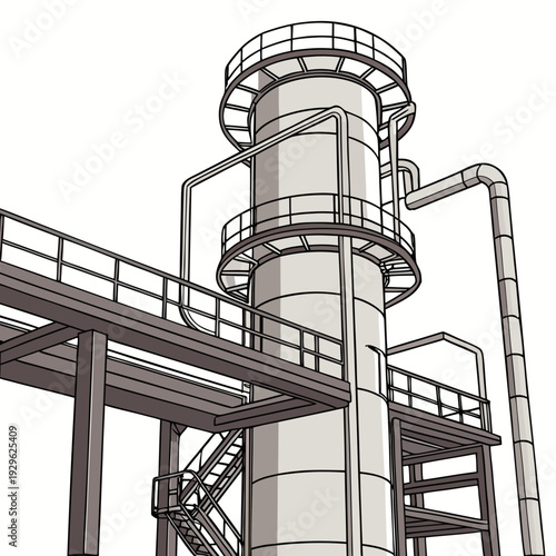 Industrial fuel refinery structure with cylindrical tower and catwalks