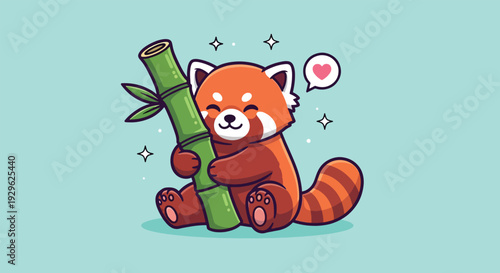 Cute Red Panda Hugging Bamboo Illustration.