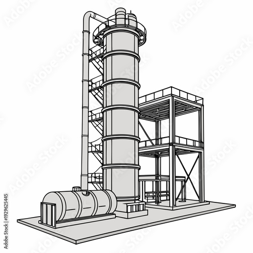 Gray of industrial facility with cylindrical tower and platform