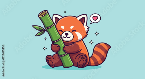 Cute Red Panda Hugging Bamboo Cartoon Illustration.