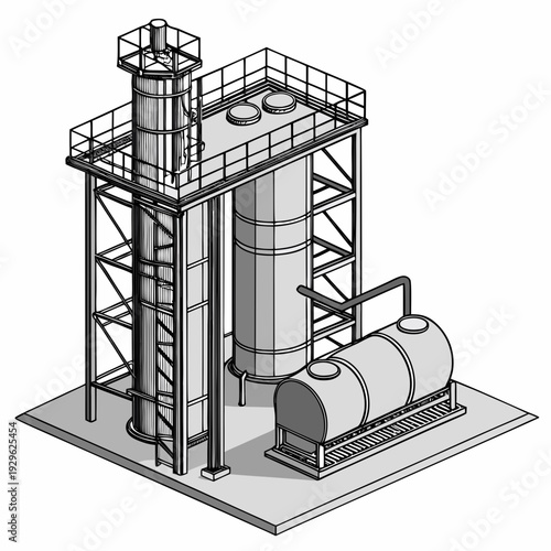 Isometric view of industrial oil refinery equipment