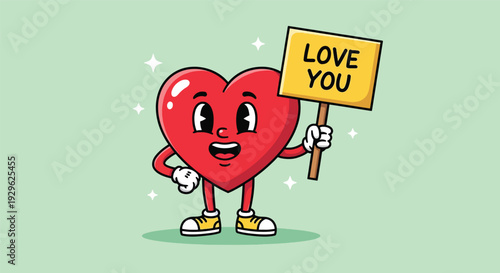 Cute Red Heart Character Holding Love You Sign.
