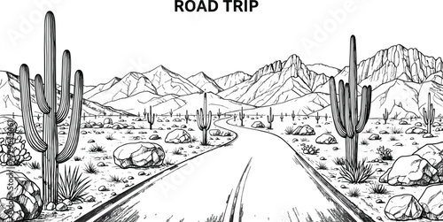 Detailed Hand-Drawn Vector Sketch of Winding Road Saguaro Cacti and Mountains for Travel and Adventure Branding