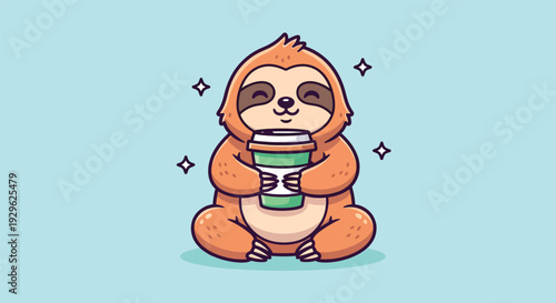 Cute Sloth Holding Coffee Cup Cartoon Illustration.