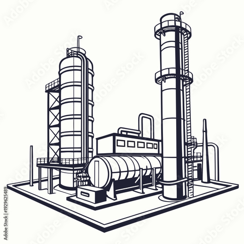Black and white of an oil refinery facility with towers and tanks