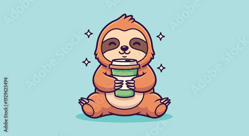 Cute Sloth Holding Coffee Cup Cartoon Vector.