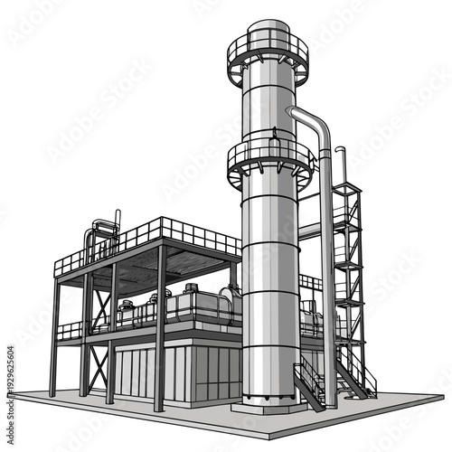 Industrial refinery structure with smokestack and catwalks