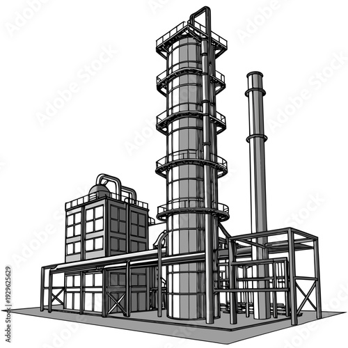 Industrial refinery with smokestack and catwalks factory
