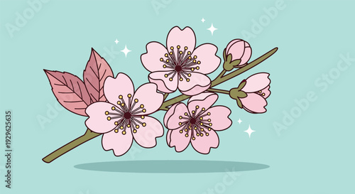 Delicate Pink Cherry Blossom Branch Illustration.