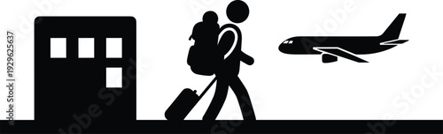 family traveler with luggage walking toward airplane airport departure journey migration travel vacation transportation concept silhouette illustration