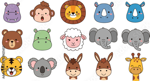 Cute Cartoon Animal Faces Collection Safari and Farm Vector Set