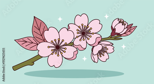Delicate Pink Cherry Blossoms Branch Illustration.