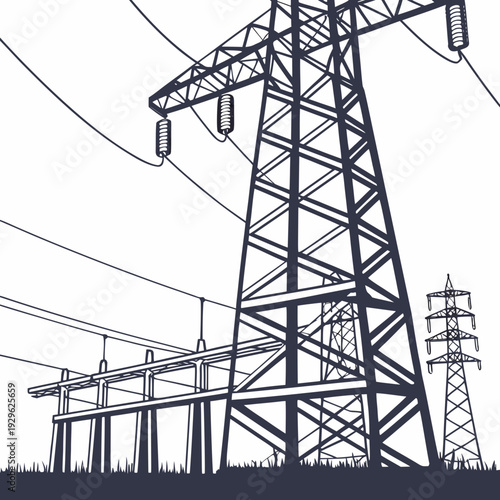 Voltage power transmission towers and lines electricity