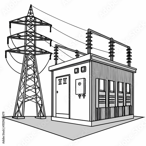Black and white of electrical substation with power lines and tower