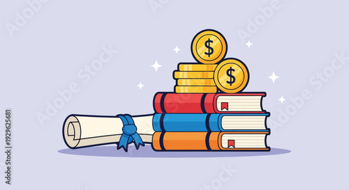 Education Investment Concept Stack of Books Coins and Diploma.