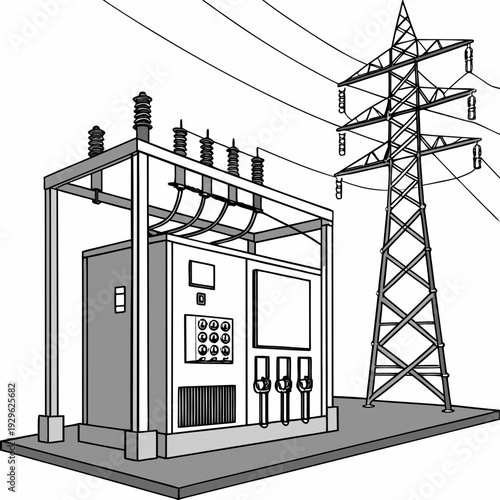 Electrical substation with power transmission tower