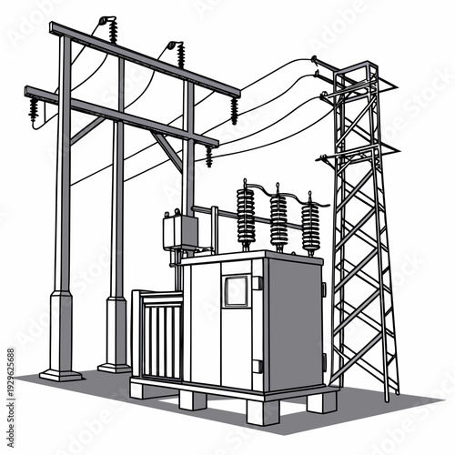 Of a utility transmission substation with transformer and power lines