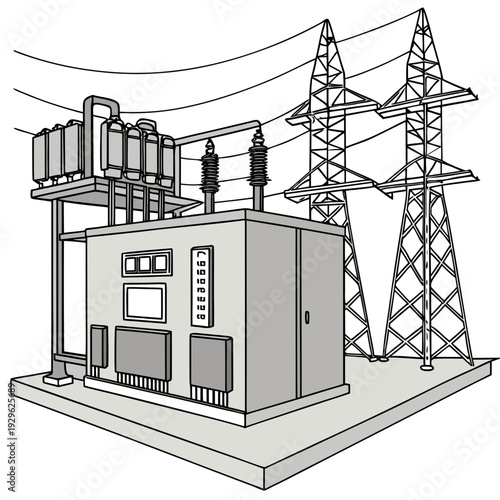 Of electrical substation with power lines and towers